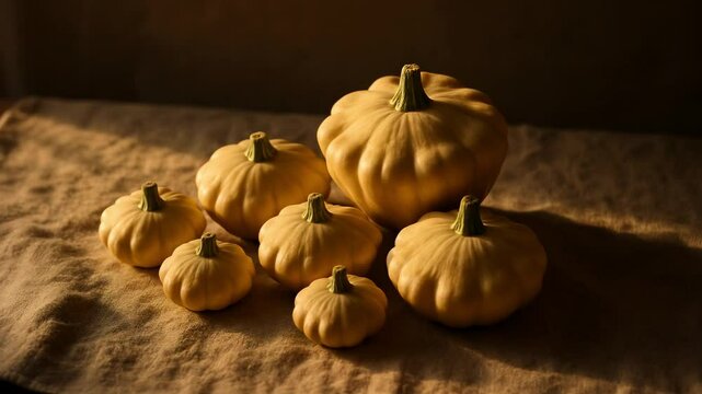 Organic Cluster of Pattypan Squashes on Linen Surface