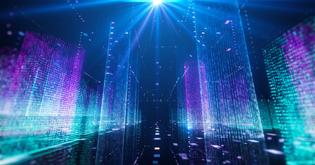 Digital smart city with lights and colorful buildings