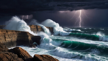 Dramatic scene of powerful storm waves crashing against a rugged coastal cliff face.