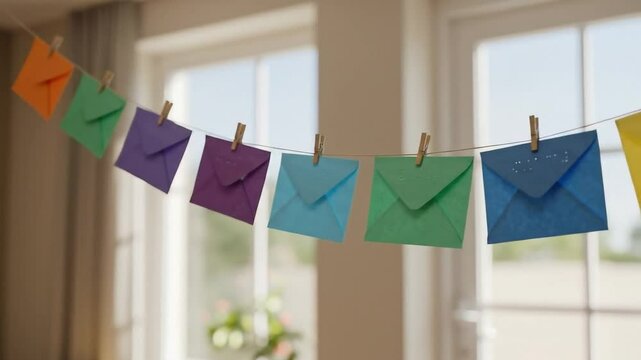 Rainbow-colored envelopes with affirming messages on string indoors  