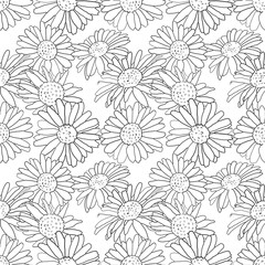 Black and white vector repeat pattern with daisies on a white background. Hand-drawn style.
