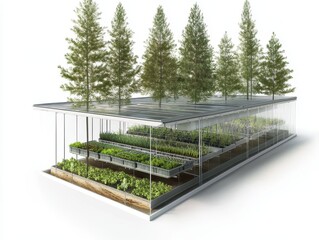 Technical schematic of a high-elevation tree nursery showing wind barriers, automated misting, layered soil warming systems, and native seedling trays in the context of plant nursery