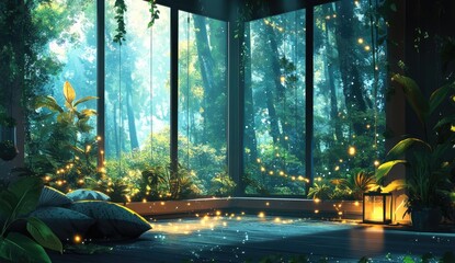 Tranquil forest room with fairy lights