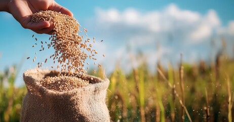 Fresh rice grains falling from hand into burlap sack