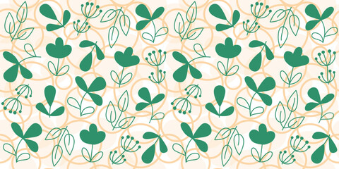 Pattern of flowers, circles, drops, bubbles. Random lines, strokes, contours. Abstract plants, leaves. Vector abstract seamless texture, repeating background.