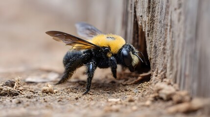 Carpenter bee burrowing into weathered wood