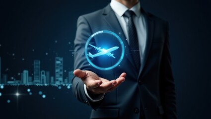 Digital airplane icon held in a businessman's hands.