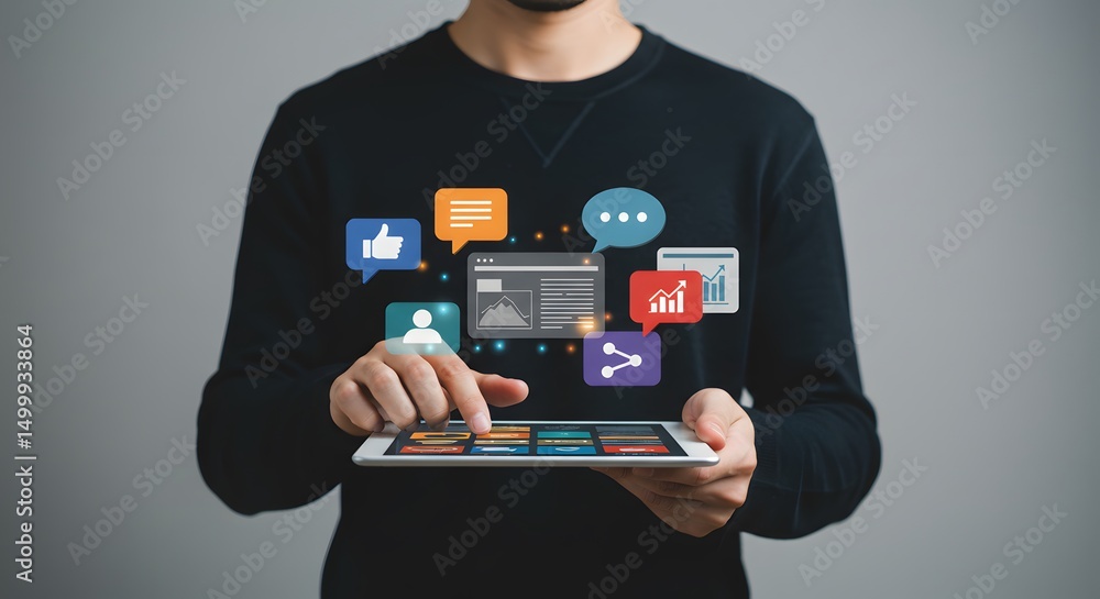 Poster engaging with digital content a person interacting with social media and online analytics on a table