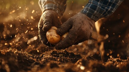 Farmer harvesting fresh potatoes from soil
