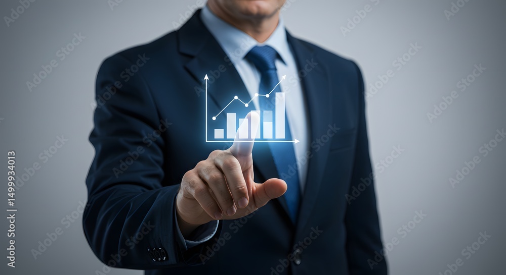 Poster a businessman interacting with dynamic data strategic decision-making and market analysis in the mod