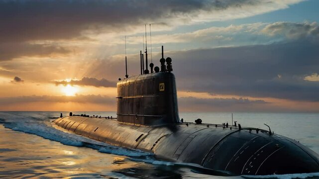 Nuclear submarine navigating at sunset