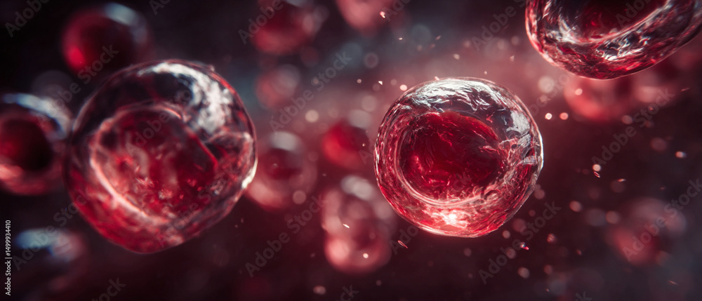 Poster close up view of multiple translucent red cells with internal structures floating in a dark liquid
