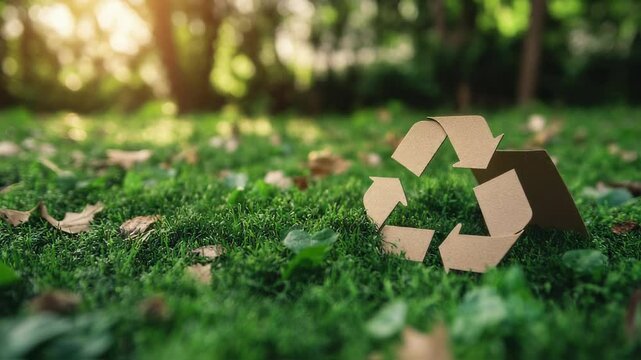 Sustainable future with cardboard recycle symbol in lush green nature