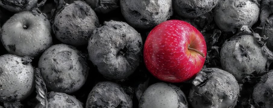 A fresh red apple amidst gray rotten fruit  long title A single vibrant red apple stands out against a backdrop of spoiled discolored fruit creating
