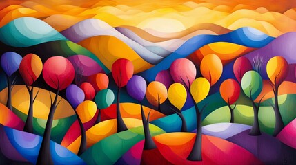 Fototapeta premium Colorful trees are standing in rolling hills as the sun sets, creating a vibrant and picturesque landscape.