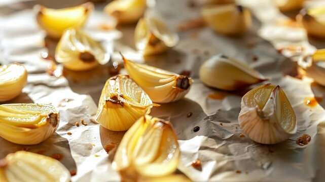 Roasted garlic cloves on baking sheet