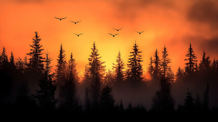 Silhouette of birds flying over forest at sunset with dramatic orange sky