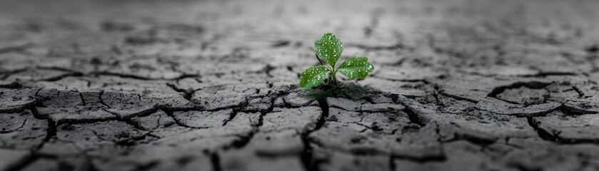 Resilient sprout breaking through barren cracked earth