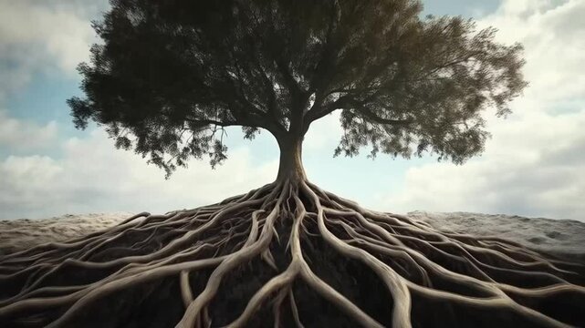A majestic tree with an intricate root system spreads across the ground, its branches reaching skyward against a partly cloudy backdrop