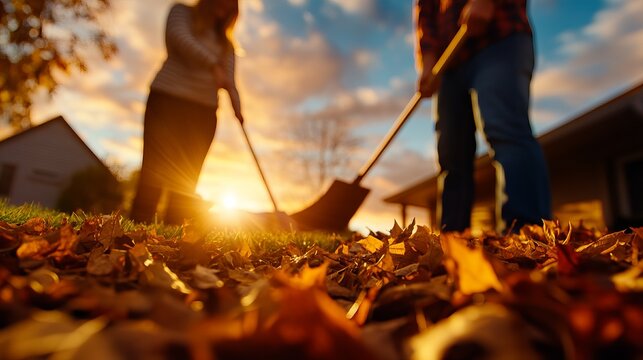 Couple rakes autumn leaves on the lawn near a house during sunset, with a golden sunlight creating a warm glow.