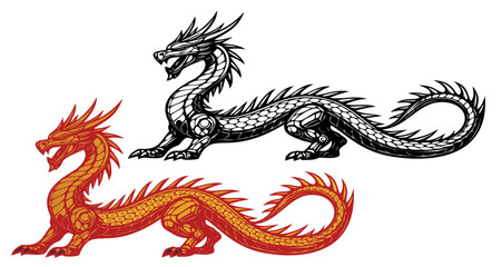 A black and red dragon is shown in two different positions. The black dragon is laying down, while the red dragon is standing up. The black dragon has a menacing look