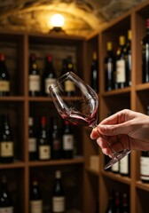 Wine tasting in cellar with red wine glass and varied bottle collection