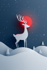 Reindeer silhouette against a snowy landscape illuminated by a glowing red sun during winter night