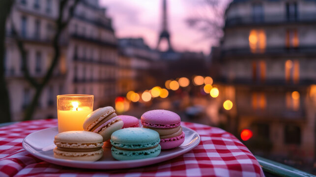 paris plate macarons background cityscape candle