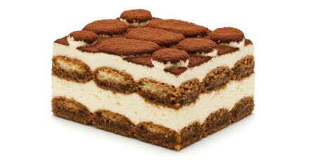 Delicious tiramisu dessert on white background - indulgent italian treat for culinary design
