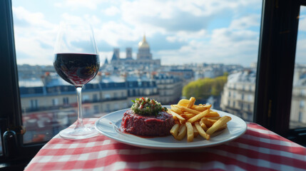 paris table plate steak fries glass