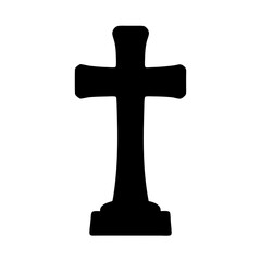 Solid black Christian cross with a decorative base on white background