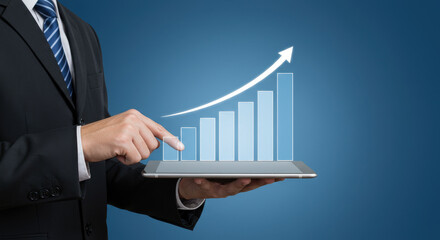  Business Growth Graph: Man Pointing to Success on Tablet, Increase Profits, Finance, Data Analysis, Investment, Chart, Strategy