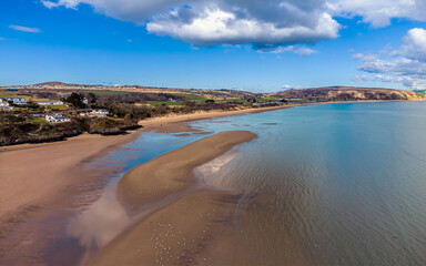 An aerial view at low tide along the bay at the town of Abersoch, Wales in springtime