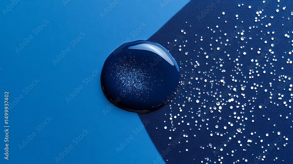Poster glossy cobalt drop with tiny white sparkles on deep indigo speckled background