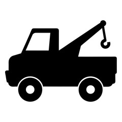 Silhouette illustration of tow truck with towing arm and hook for assistance