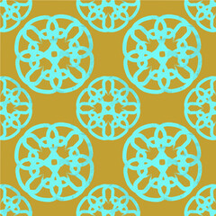 Vector repeat pattern with blue ornaments on a golden  background. Hand-drawn style.