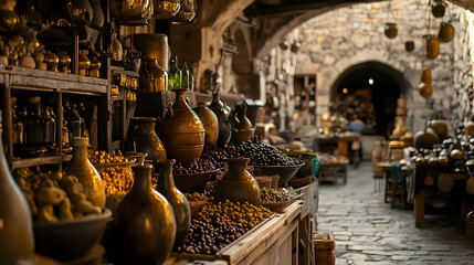 Medieval market with pottery and produce in a stone alleyway
