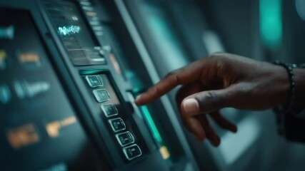 A person’s hand is pressing a button on an ATM keypad in a close-up view.