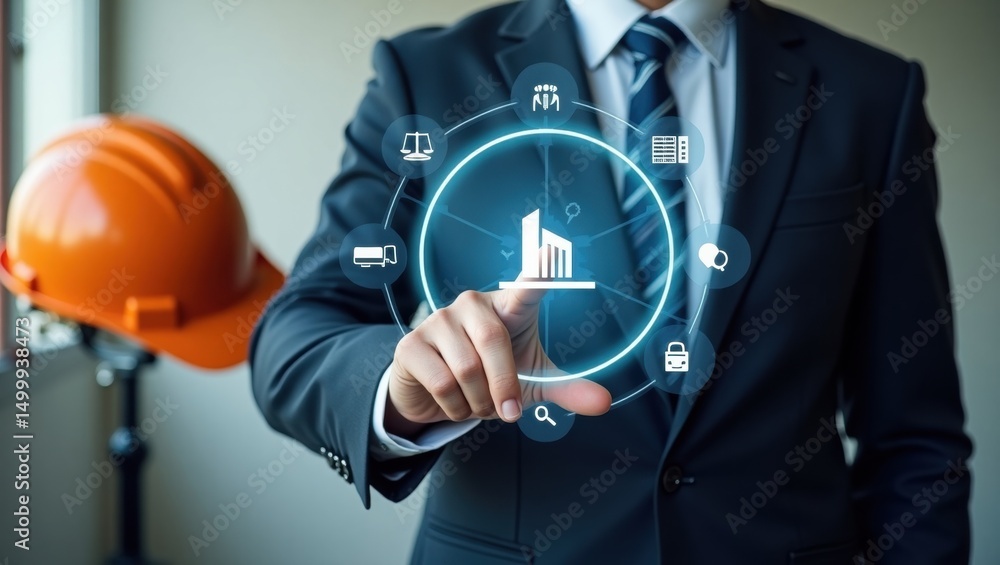 Poster businessman interacts with a holographic representation of interconnected business functions.