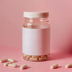 Glass bottle with pills and blank label isolated on pink background for medical concept