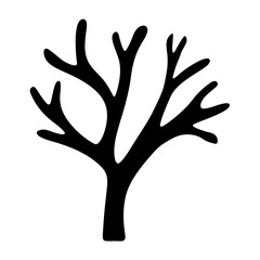 A minimalist silhouette of a tree with bare branches reaching upwards against white