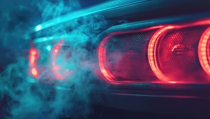 Dark car rear lights glow red, blue smoke