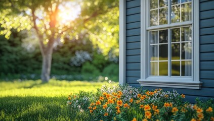 Obraz premium Sunny house corner with garden