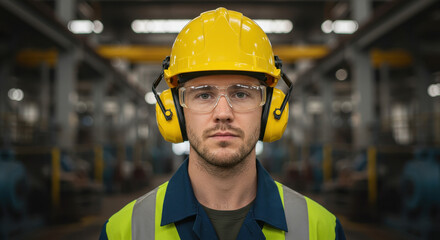 Factory Worker Safety: Hard Hat, Ear Protection & Glasses - Industrial Safety Portrait