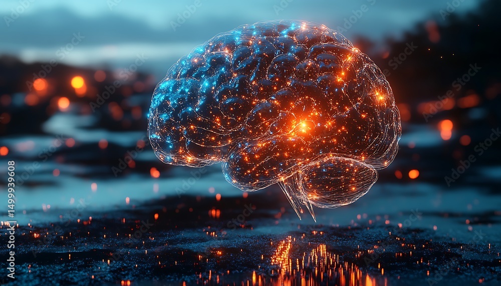 Poster 3d illustration of human brain on a circuit board background. 3d rendering
