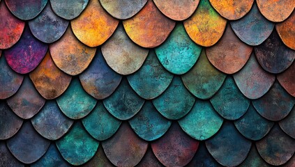 Colorful, overlapping scales in varying hues