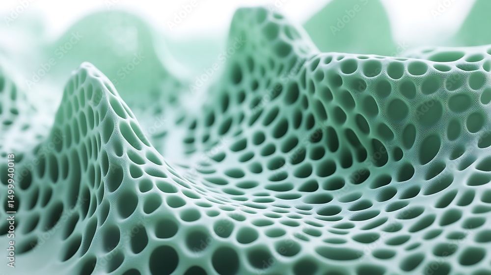 Poster pale green porous structure with interconnected cavities in detailed closeup view