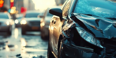 Damaged car in city street