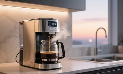 Programmable Coffee Maker Brewing Fresh Coffee in Modern Kitchen with Marble Countertop and Digital Timer Display