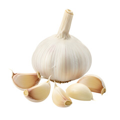 A whole garlic bulb and individual cloves open, isolated on white or transparent background. PNG